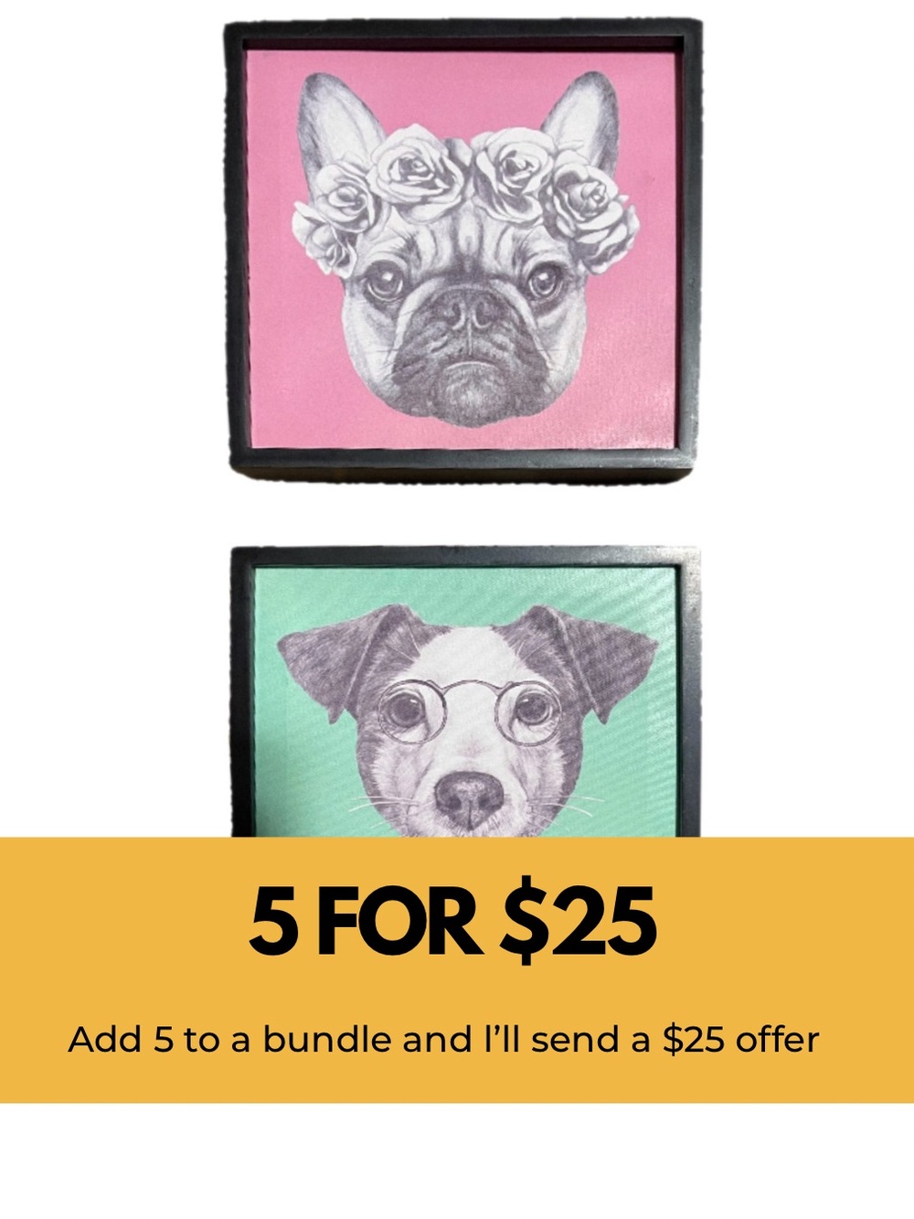 Pet Portrait Wall Art Set - Pink & Green French Bulldog and Terrier